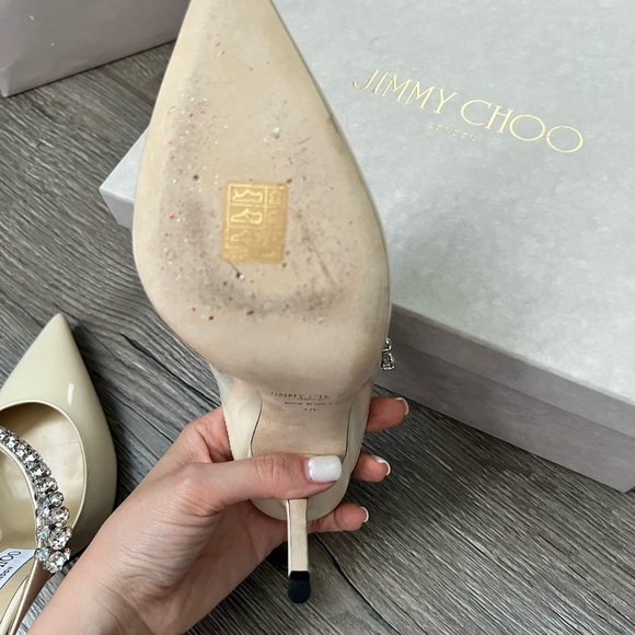 Jimmy Choo Bing 100 Ivory Patent Leather Mules with Crystal Strap - Picture 9 of 15